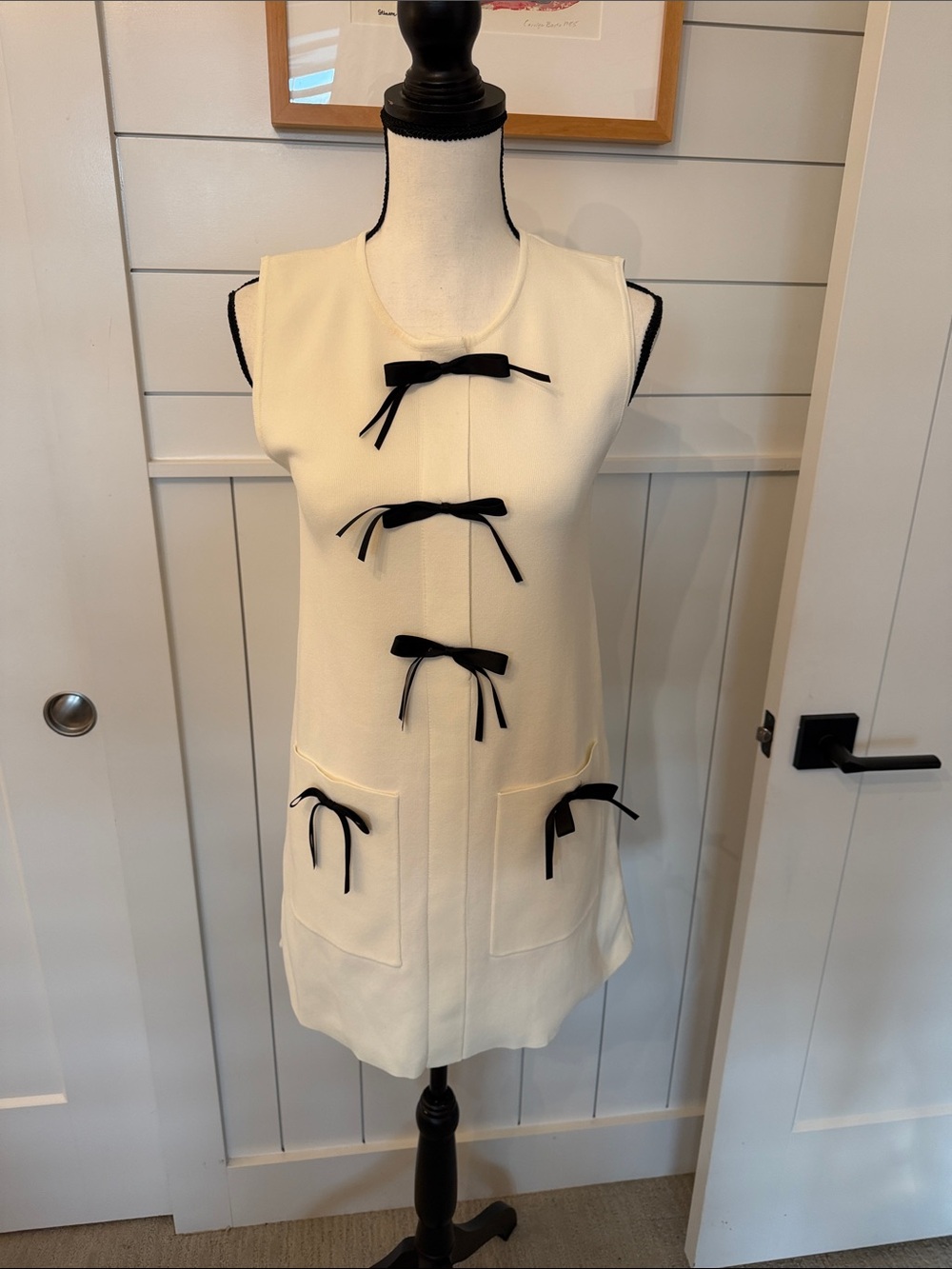 Zara Ivory Sleeveless Shift Dress with Black Bow Accents